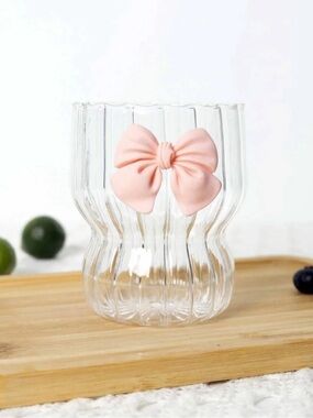 Pink Bow icon Accent Clear Glass Ribbed Drink Cup Coquette Girly Pop Preppy Gift